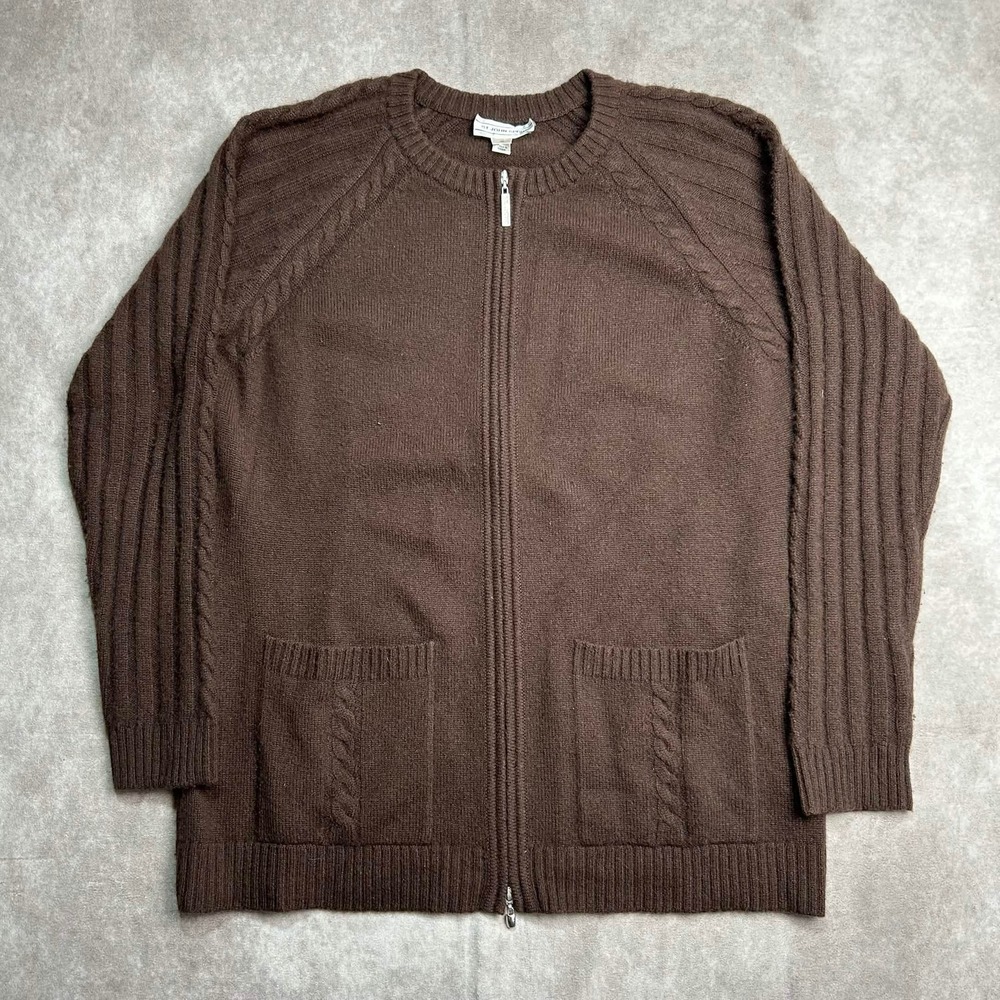 St John Sport Womens Brown 100% Cashmere Cable Knit Full Zip Cardigan Sweater M